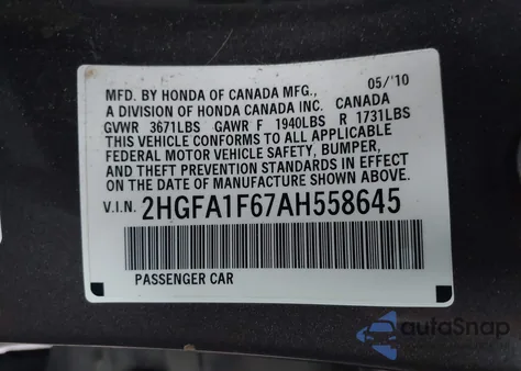 2010 Honda Civic Lx-S z USA, uszkodzony, nr VIN 2HGFA1F67AH558645
